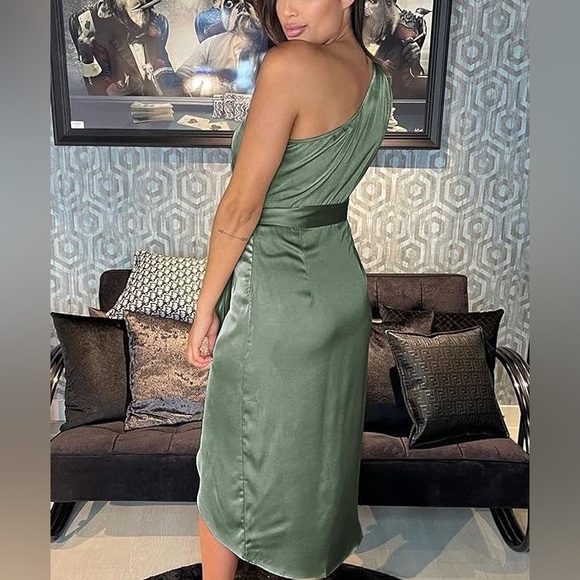 NWT PrettyGarden Ruched Bodycon Sleeveless One Shoulder Wrap Satin Belted Slit L - Picture 5 of 12